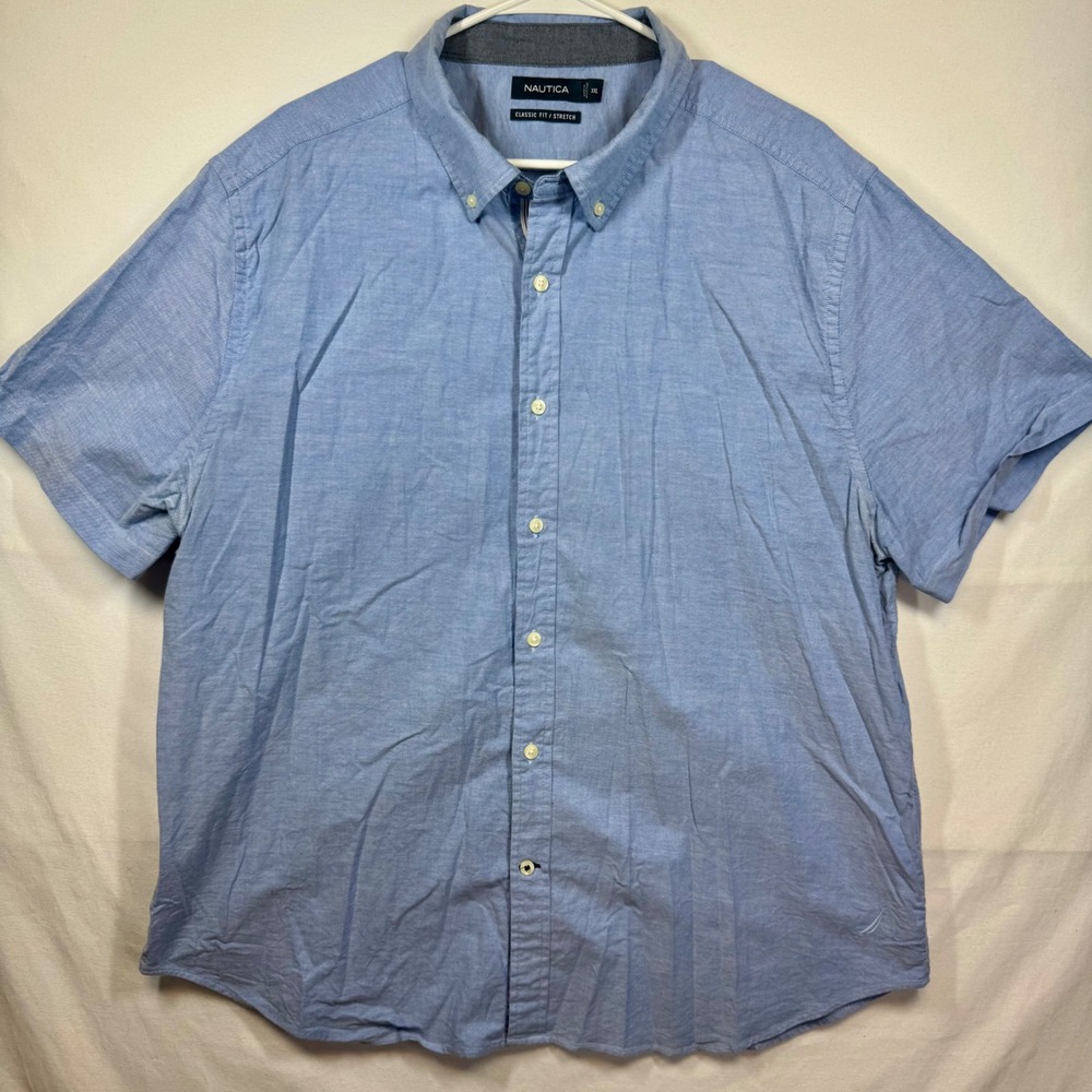 Nautica Classic Fit Stretch Button Up Short Sleeve Shirt Blue Sz XXL
